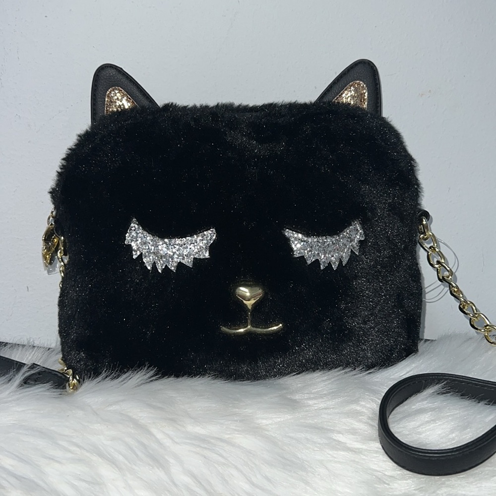 Betsey Johnson Black Faux Fur Cat Crossbody Bag with Gold Accents